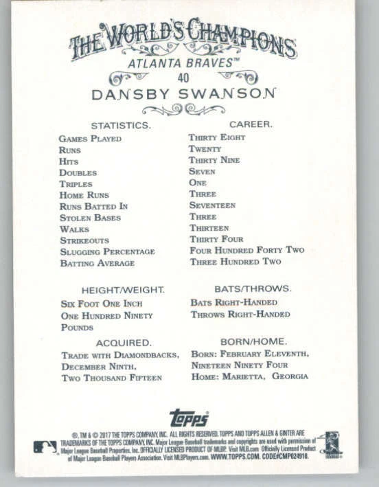 2017 Topps Allen and Ginter #40 Dansby Swanson RC (ref 146800) - Image 2 of 2