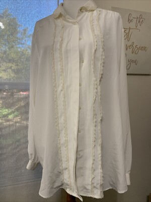 Notations Button Up Blouse Womens White Lace Sheer Long Sleeve 42/22w Vintage