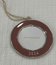 2024 Pottery Barn CHRISTMAS TREE Red ENAMEL FRAME ORNAMENT Photo CIRCLE Silver