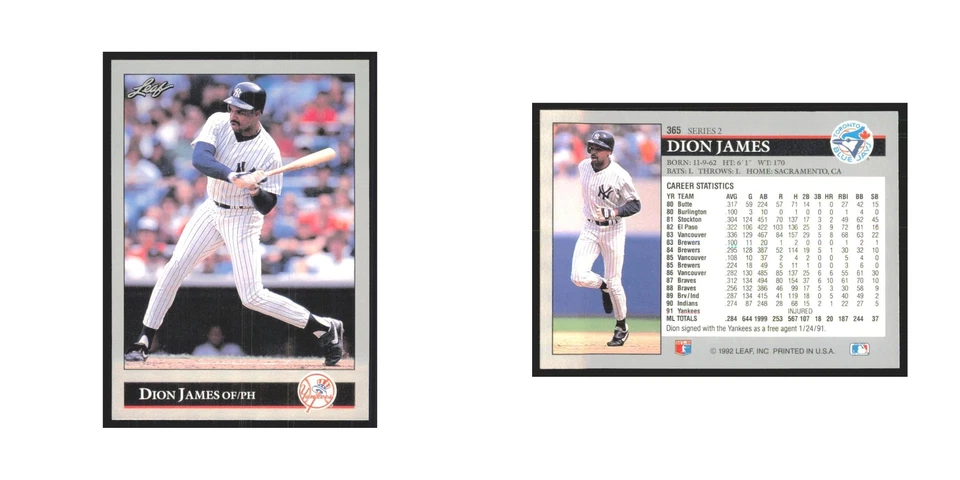 1992 Leaf Dion James Yankees #365.0 - Image 3 of 3