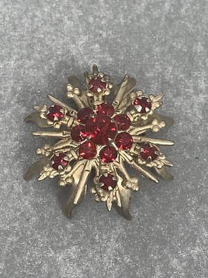 #ad #ad Red Rhinestone Raised Starburst Sun Gold tone Brooch Pin Vintage Costume Jewelry $13.99