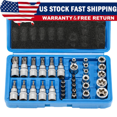 34pcs Torx Star Sockets & Bit Set for Male Female E-torx Security Bits 3/8 Drive