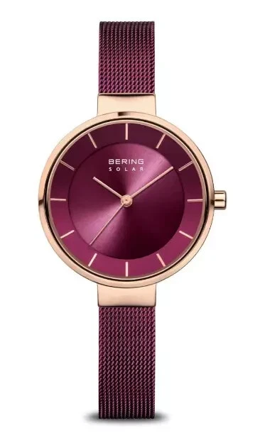 Reloj Bering Para Mujer Delgado Solar Rosa Púrpura Oro Rosa Banda Milanesa 14631-969 Foto 2 de 4