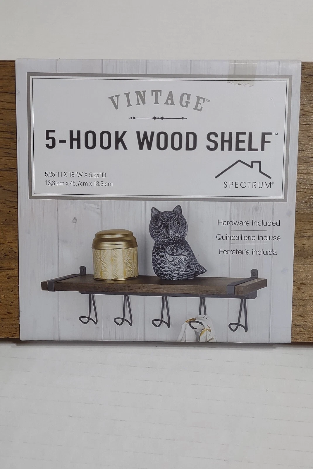 Wall Shelf Spectrum 5-Hook Wood 18 Inch hardware Vintage looking NEW