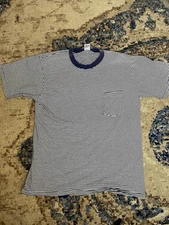 Vintage Towncraft JCP T Shirt Size XL Blue/White Striped Single Stitch Pocket Te