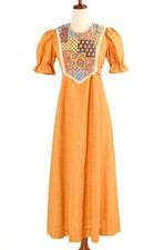Maxi Vestido Vintage Años 70 Casero Amarillo Naranja Retazos Cuello Babero Manga Abullonada