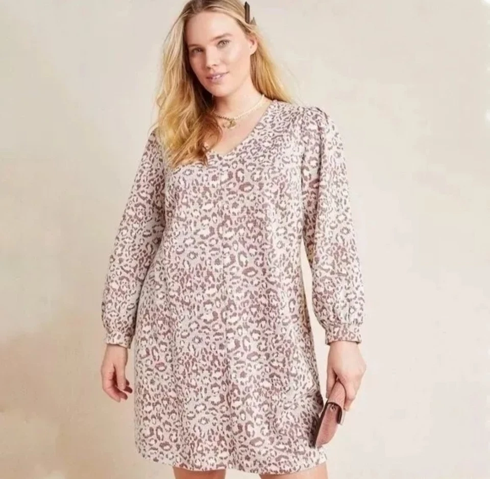 NEW Anthropologie Dolan Stephany Leopard Dress V-Neck Long Sleeve 2X $150