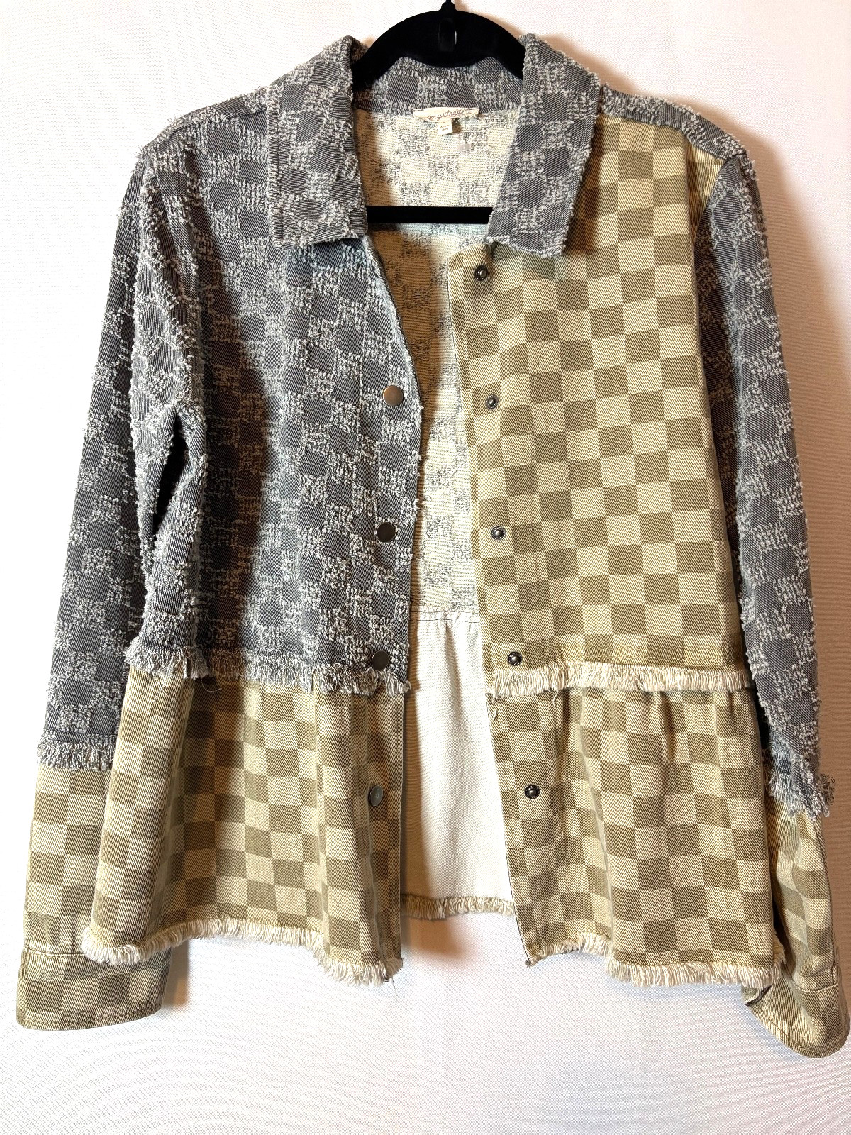 Mystree Patchwork Checkered Jacket Shacket Frayed… - image 2
