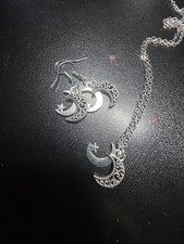 Silver Celestial Moon and Star Jewelry Set Earrings Necklace Metal