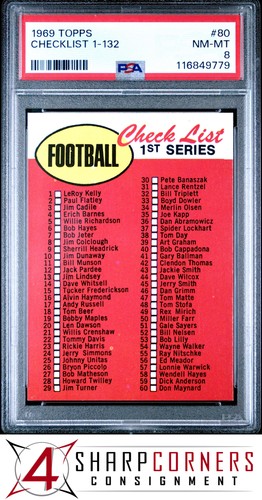 1969 Topps #80 Football Checklist 1-132 PSA 8