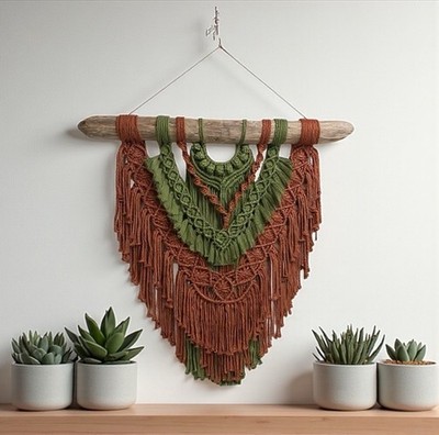 Large Boho Handcrafted Green and Brown Macramé Wall Tapestry