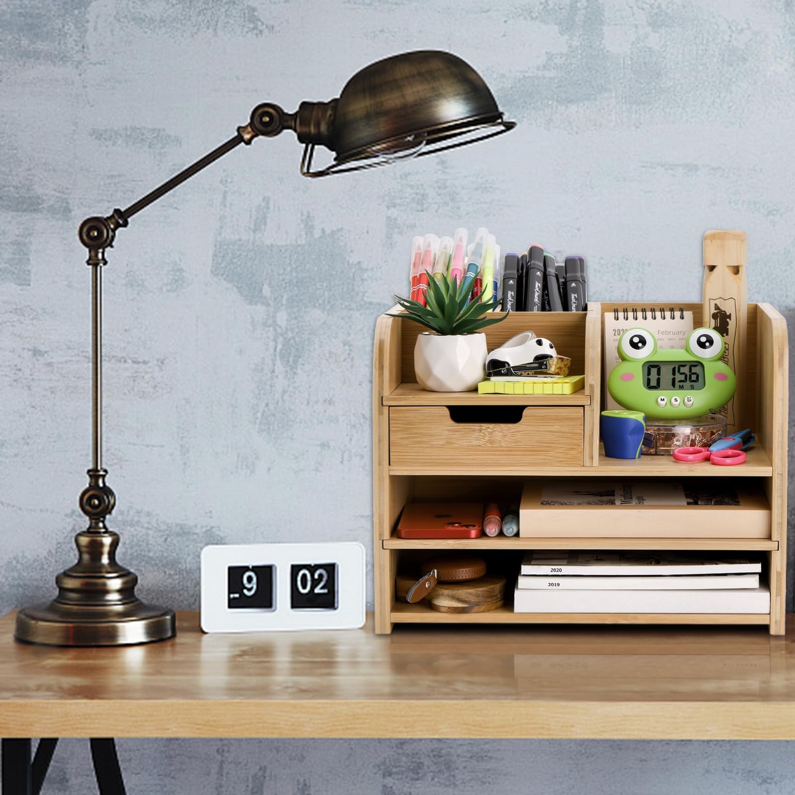 Frcctre Bamboo Desk Organizer with Drawer 3-Tier File Paper Pen Holder Statio...