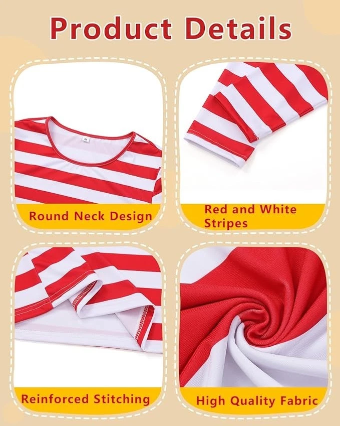 Where’s Waldo Estilo Disfraz Hombres Rojo Blanco Rayas Camisa Sombrero Gafas Adulto (XXL) Foto 4 de 4