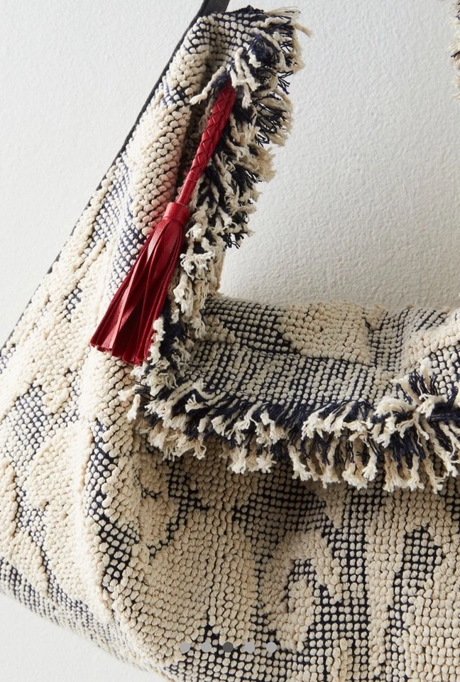 Free People Miramar Carryall Bag Textured Print Tassel Fray Slouchy Azulejos NWT - Image 3 of 4