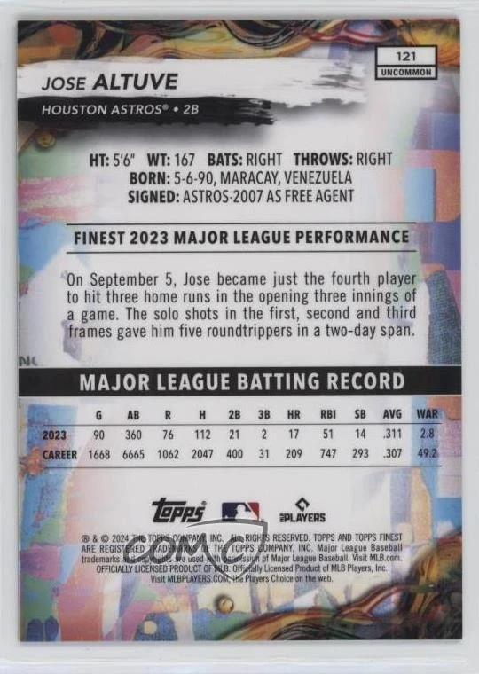 2024 Topps Finest Uncommon Gold Refractor /25 Jose Altuve #121 - Image 2 of 2