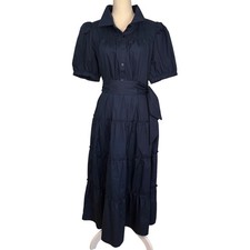 Sugarlips Navy Blue Cotton Tiered Midi Shirt Dress XL Short Puff Sleeve Pockets