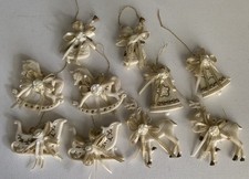 Vintage Christmas Ornaments Set of  10 Plastic with Gold Glitter And Ribbons