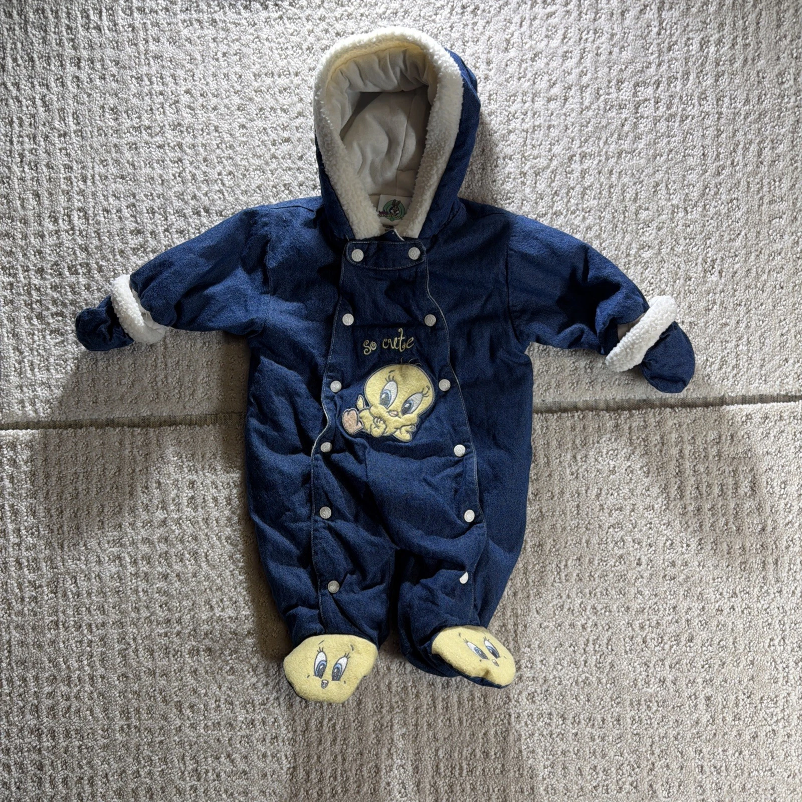VTG Baby Looney Tunes Tweety Infant Snow Suit 0/3 Months With Detachable Gloves