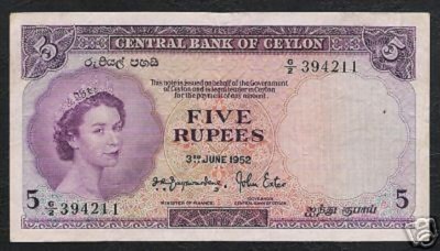 CEYLON 5 RUPEES P-51 1952 QUEEN FIGURE RARE SRI LANKAN MONEY ASIA