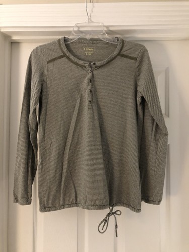L.L. Bean Henley Green Stripe Partial Button Front Drawstring Hem Women’s Size S