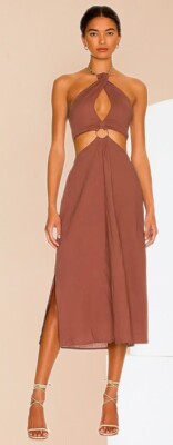 We Wore What Shell Chain Halter O-Ring Stretch Linen Cappuccino Midi Dress  L | eBay