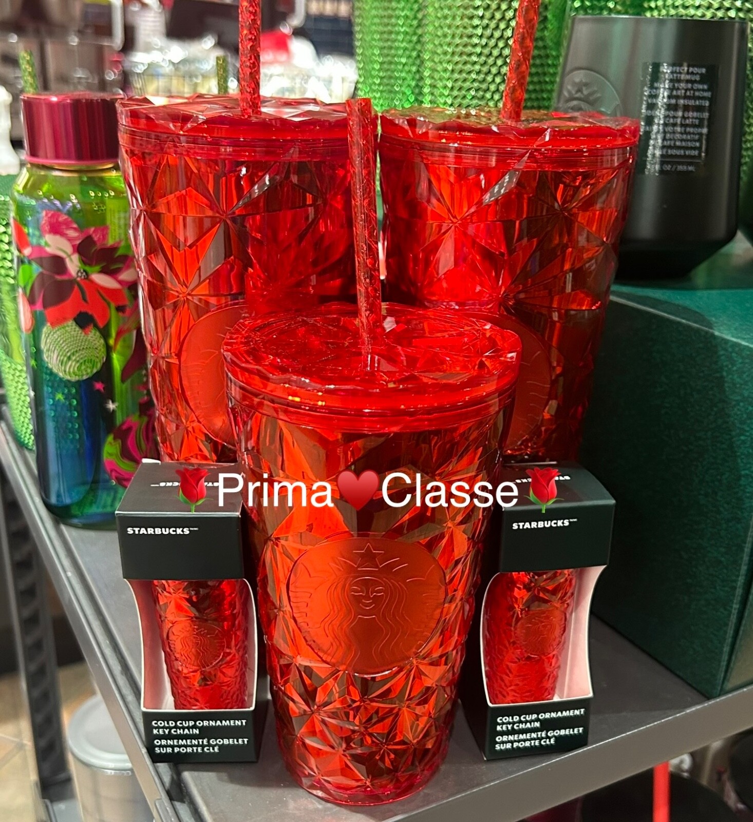 Starbucks 2023 Holiday Red Prism Jeweled Tumbler Venti Grande with Keychain