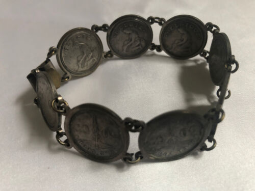 VINTAGE 1922-28 Belgique 50 Cent Silver Tone Coin Charm Bracelet - 第 1/4 張圖片