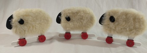 Vintage Wooly Fleece Sheep Lamb Christmas Ornaments on Red Wheels Set of 3 - Picture 3 of 6