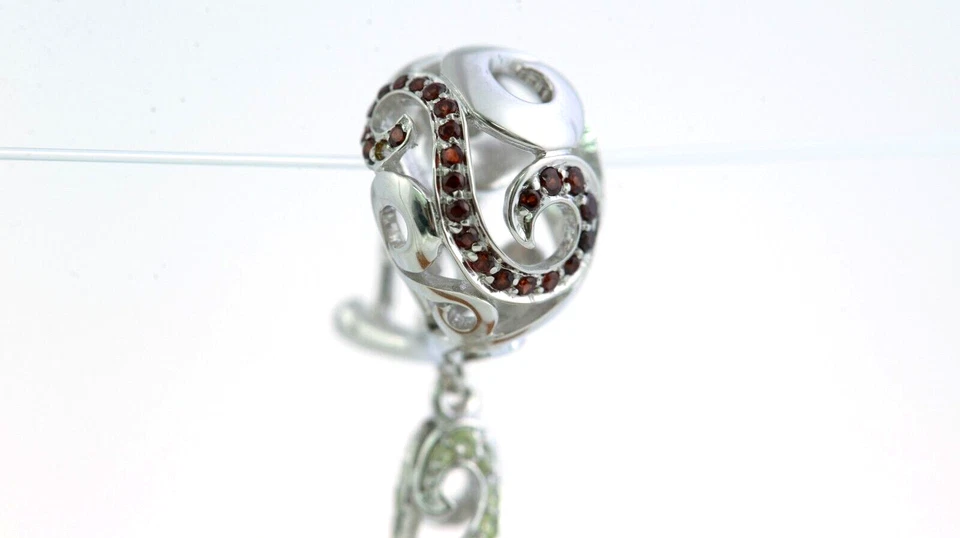 925 Sterling Silver Dangle Hoop Earrings Green Peridot Red Garnet Rhodium Plated - Image 3 of 4