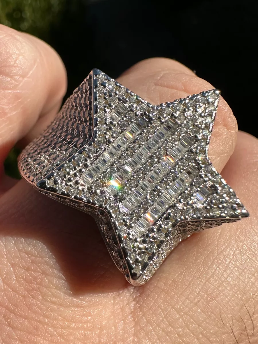 Real 925 Sterling Silver Iced Baguette Star Shaped Ring Hip Hop