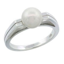 Sterling Silver Grooved Design Ladies Pearl Ring