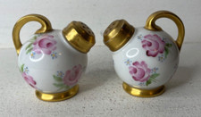 Antique Porcelain Salt  Pepper Shakers Pink Roses Gold Handles EXCELLENT