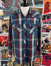 Vtg 90s Mens Blue Plaid Wrangler X-Long Tail Pearl Snap Cotton Button Up Shirt