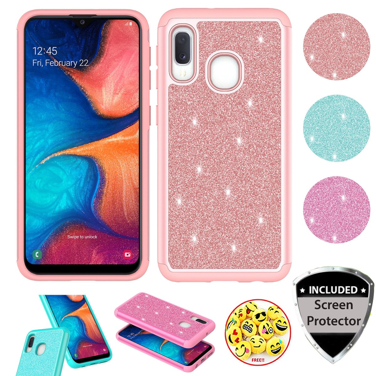 for Samsung Galaxy A10E Cute Glitter Bling Sparkle Hybrid Dual Layer  Case+Screen