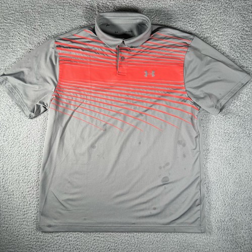 Under Armour Shirt Mens Large Polo Gray Short Sleeve Red Graphic Henley Button - Picture 1 of 9
