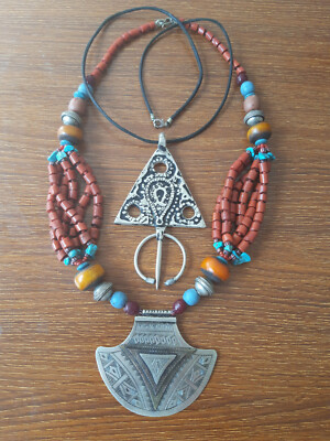 Vintage Berber Necklace Bead,stones, amulet Pendant & fibula brooch old jewelry