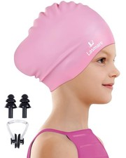 Kids Swim Cap Silicone Long Hair Waterproof Cap with Ear Plugs Nose Clip