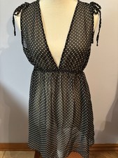 Forever 21 Sheer Dress Black/white Dots Elastic Waist Low V Neck Sz M EUC