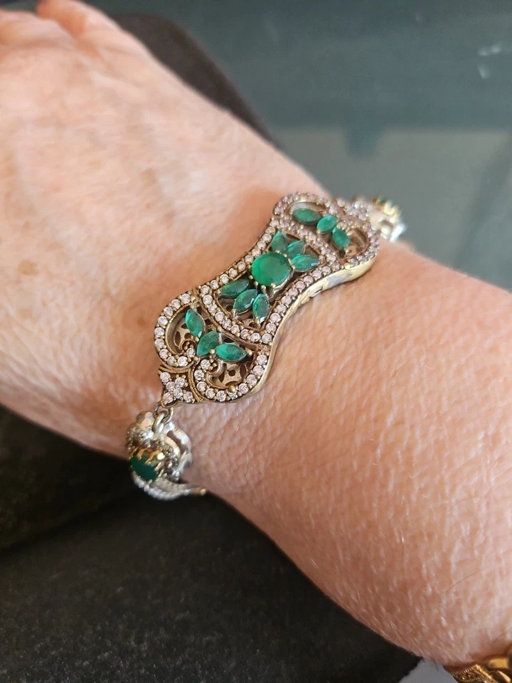 Brazalete de tenis turco de plata de ley 925 con esmeralda de 7-9" nuevo sin etiquetas Foto 4 de 4