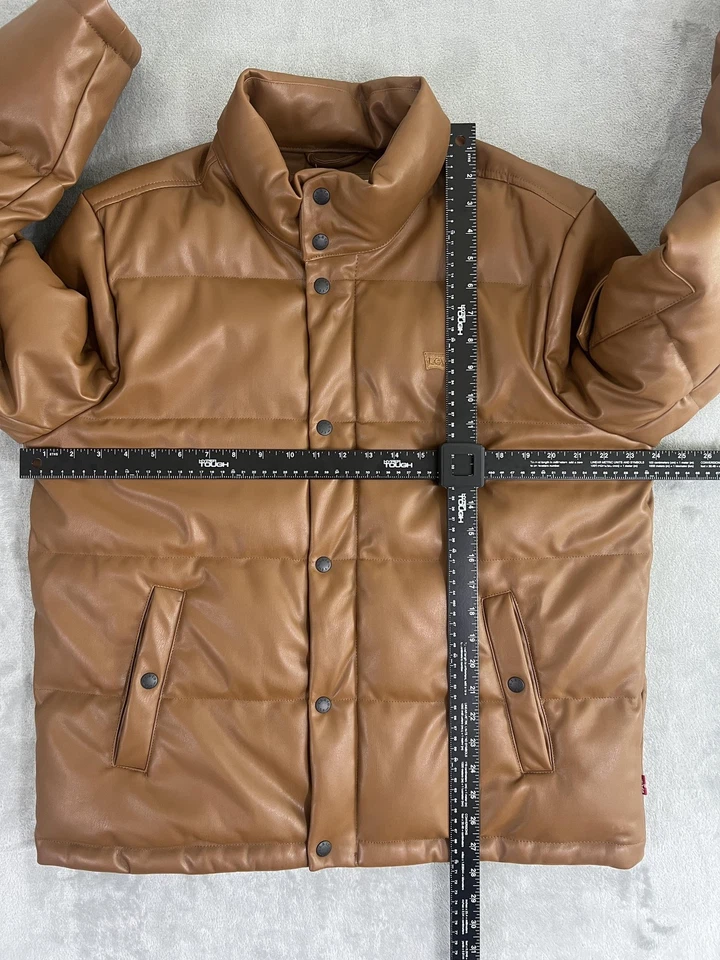 Levi's Jacket Mens Large Brown Faux Leather Puffer Quilted Insulated Zip Snap - Image 4 of 4