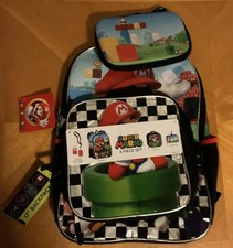 Super Mario Bros Backpack 4pcs Lunch Bag Lanyard Gadget Case Luigi Mario Set 17”