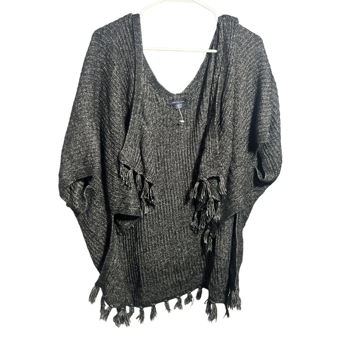 American Eagle Outfitters Women's O/S Heather Gray Hooded Poncho Sweater Tassel
