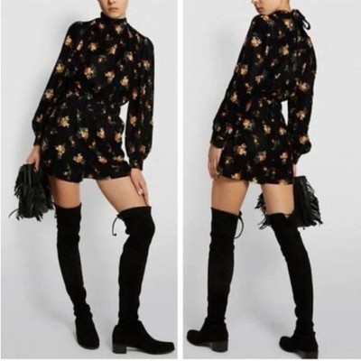 NWT Maje Inouk Floral Velvet Puff Sleeve Playsuit Black Floral Romper Sz 38