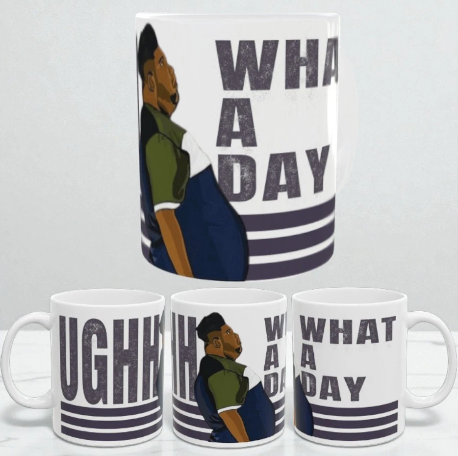 BRILLIANCE BOUTIQUE Harvey “What A Day” Funny Mug – Cheeky Coffee Cup + Coaster Gift Option