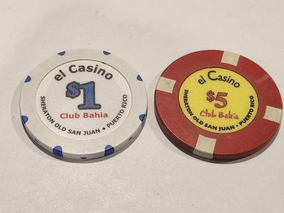 Lot of 2 - EL CASINO -CLUB BAHIA -SHERATON OLD SAN JUAN Chips $1 & $5 0BSOLETE
