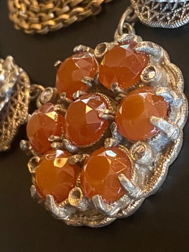 Antique Filigree Necklace Faceted Carnelian Glass/Stone Floral Gold Silver Tone - Picture 9 of 24