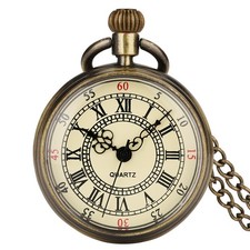 Vintage Style Bronze Tone Open Face Pocket Watch Chain Necklace Roman Display