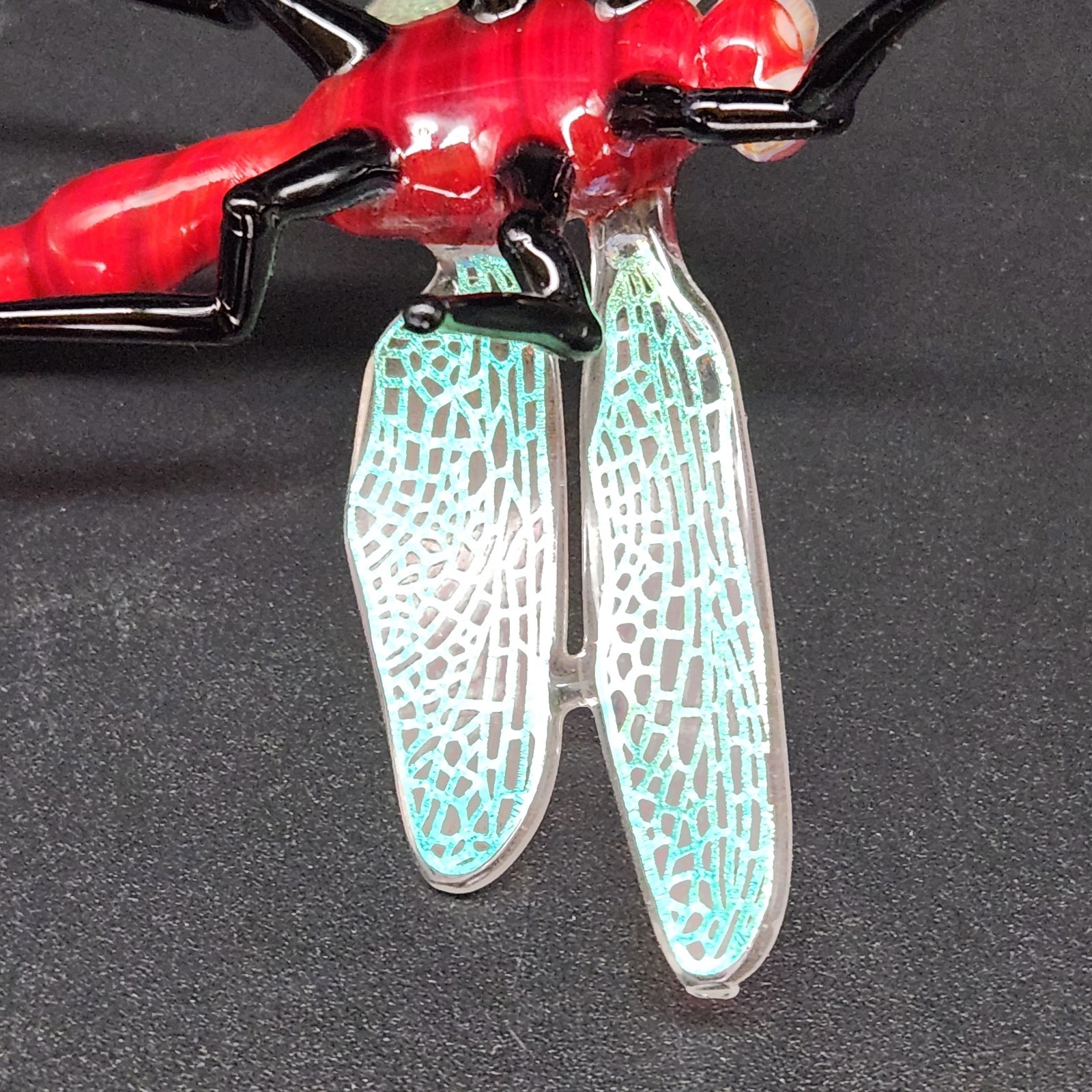 Hand Crafted Glass Dragonfly Red Body Iridescent Wings Millefiori Eyes Lampwork