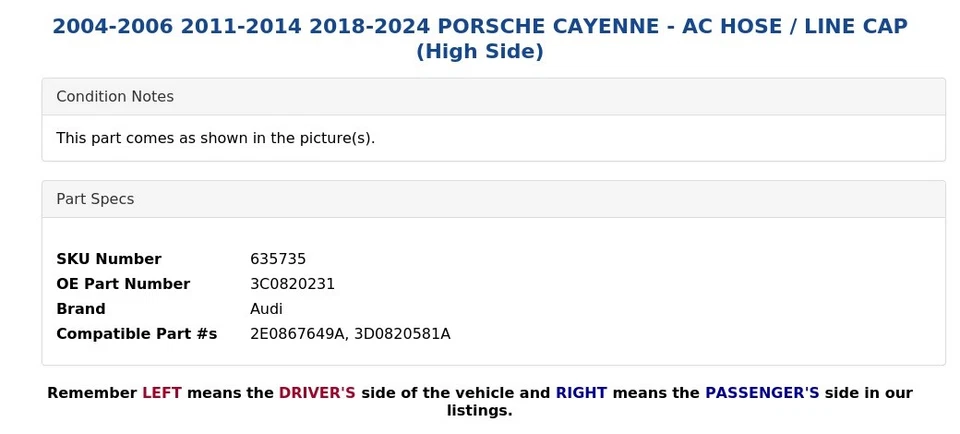 2004-2006 2011-2014 2018-2024 PORSCHE CAYENNE - MANGUERA AC / TAPA LÍNEA (Lado Alto) Foto 4 de 4