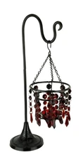 Glass Beaded Chandelier Votive Candle Holder On Stand Table Centerpiece, Red